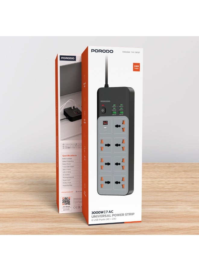 بورودو شريط طاقة عالمي بسلك بطول 3 أمتار، 6 منافذ USB و7 منافذ تيار متردد، 3000 وات / محطة شحن سريع / مؤقت 24 ساعة / حماية مدمجة / للمطبخ، ملحقات المكتب المنزلي - رمادي - Image 3